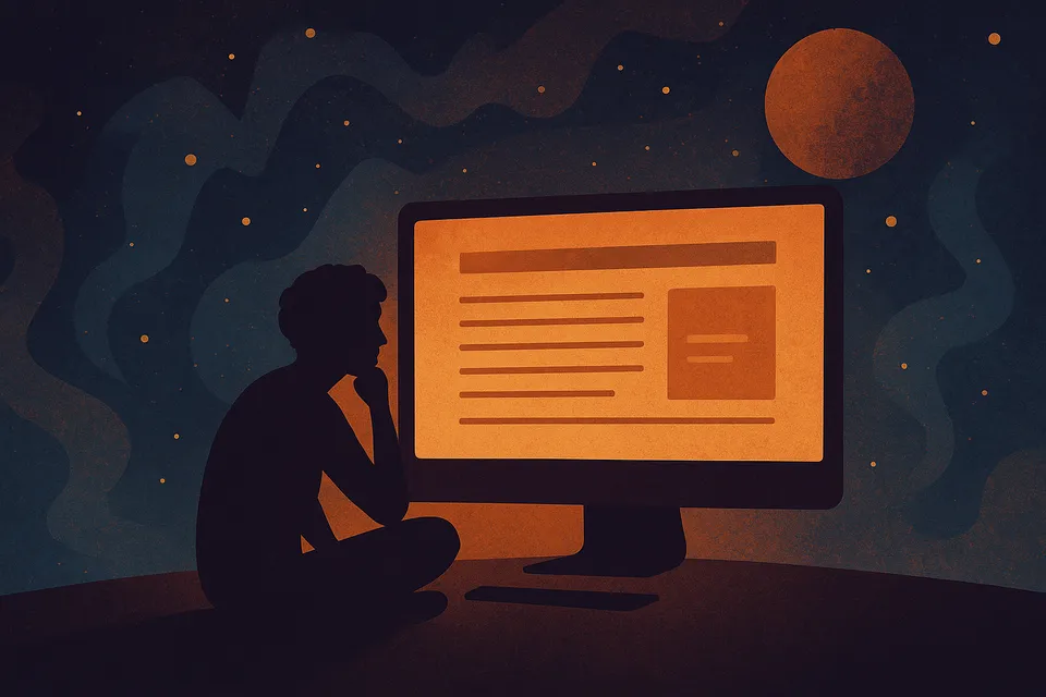 Ilustración de una figura solitaria ante un monitor brillante, envuelta en un paisaje abstracto de tonos cósmicos, simbolizando la introspección, la lectura digital y la reflexión colectiva en DesdeLaSombra