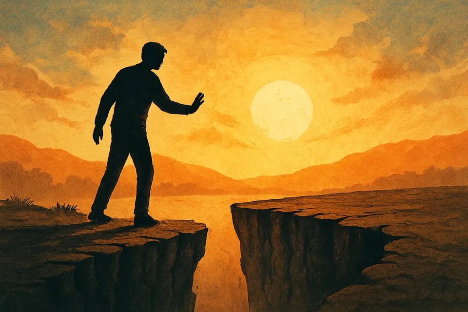 Ilustración artística de una figura humana al borde de una grieta, deteniéndose justo antes de caer, con el sol saliendo al fondo