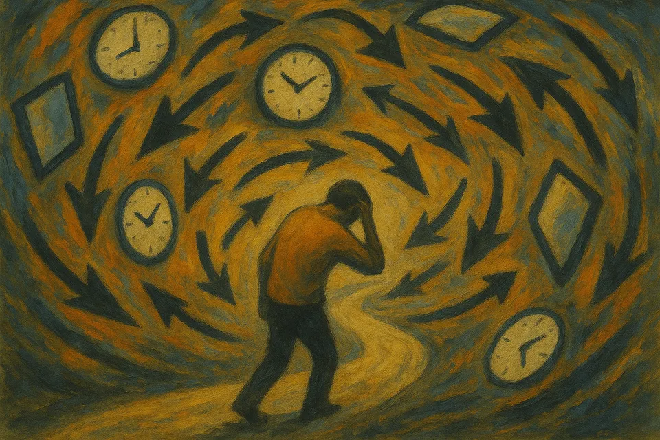 Figura solitaria caminando bajo una espiral de relojes y flechas, en una escena que evoca presión y agotamiento emocional.