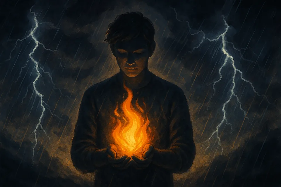 Ilustración artística de una figura humana de pie en medio de una tormenta emocional, conteniendo con serenidad un fuego interior que no quema, sino ilumina