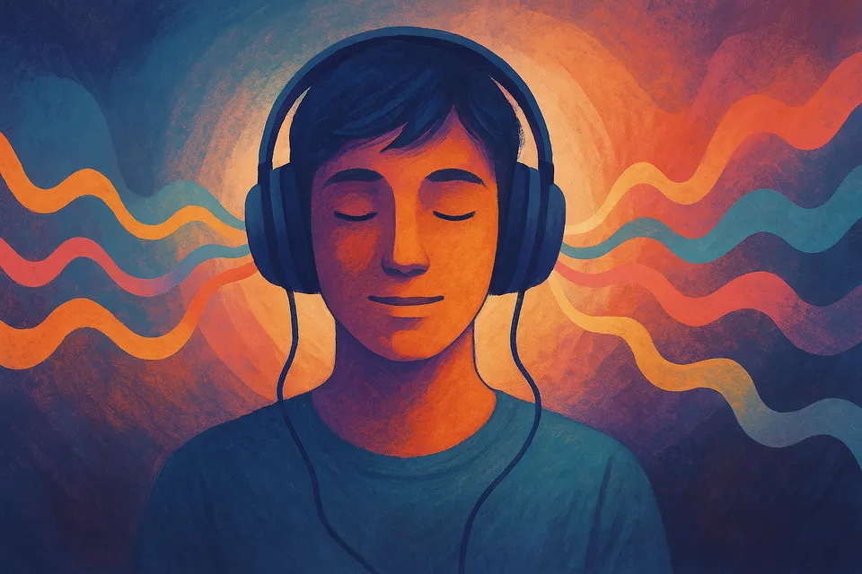 Ilustración conceptual de una figura humana con audífonos, envuelta en ondas sonoras que cambian de color según el estado emocional