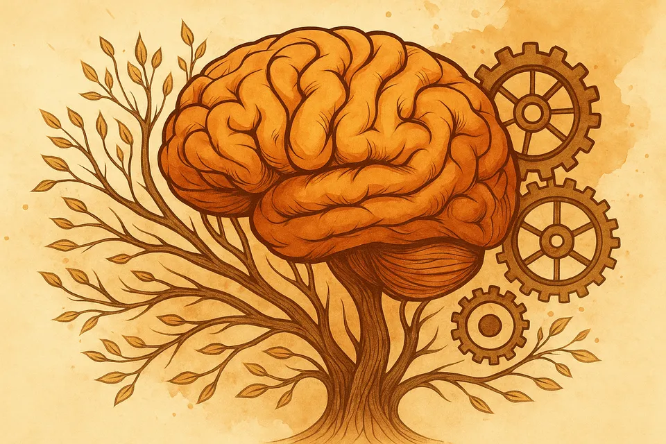 Ilustración de un cerebro humano entrelazado con engranajes y ramas en crecimiento, simbolizando la transformación consciente de hábitos