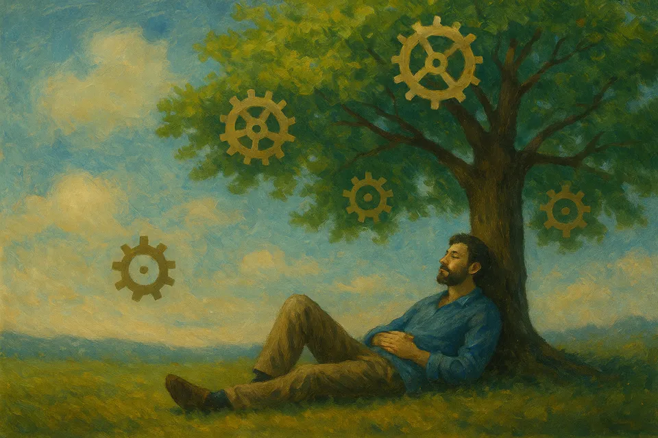Ilustración artística de una figura humana recostada en calma bajo un árbol, mientras engranajes flotan suspendidos en reposo alrededor suyo