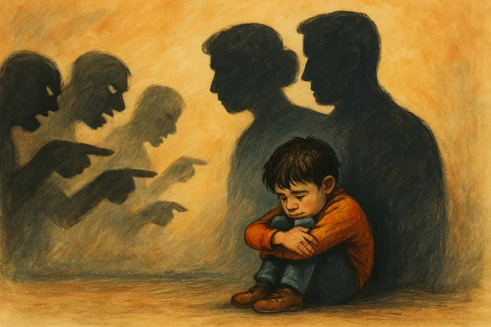 Ilustración artística de un niño protegido por la figura de sus padres, simbolizando la protección emocional frente al bullying