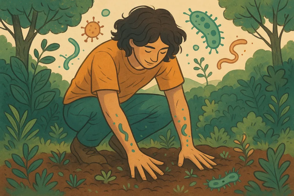 Ilustración artística de una persona tocando la tierra con las manos en un entorno natural, rodeada de vegetación, bacterias simbólicas y armonía visual