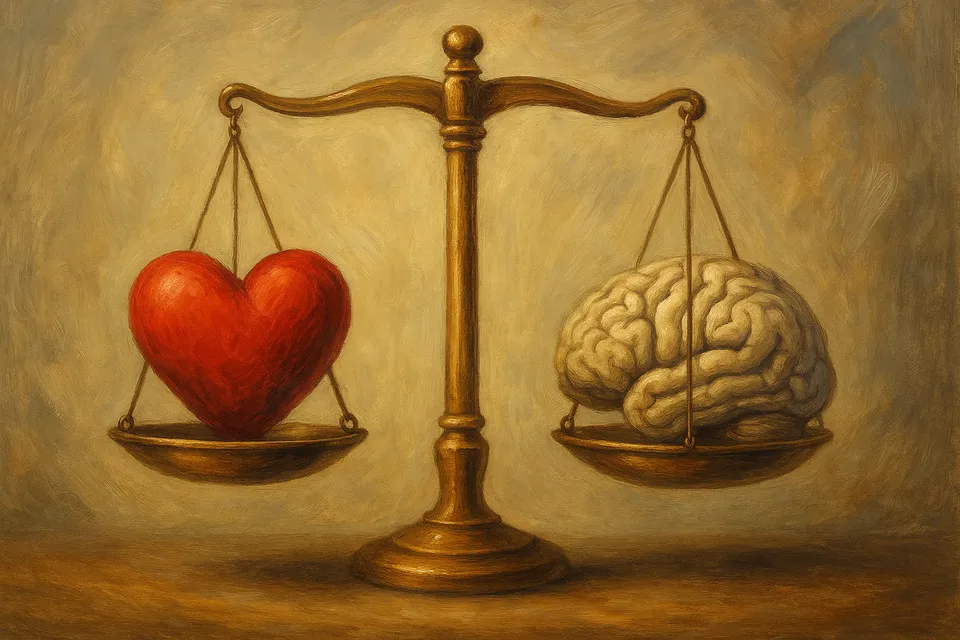 Ilustración simbólica de una balanza con un corazón en un lado y un cerebro en el otro, representando el equilibrio entre empatía y razón
