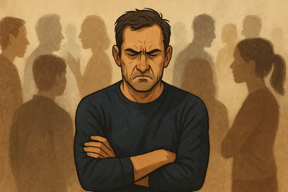 Ilustración artística de un individuo aislado rodeado de figuras borrosas representando juicios sociales