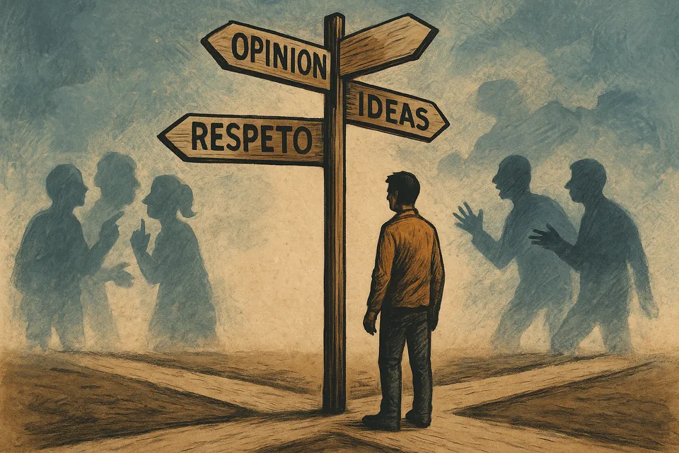 Figura humana en medio de un cruce de caminos señalizados como respeto, opinión, tradición e ideas, rodeada de sombras que discuten entre ellas