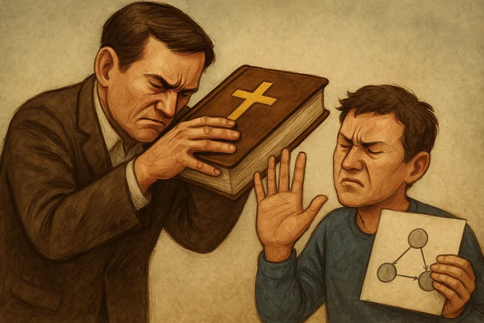 Ilustración simbólica de una persona imponiendo un libro religioso sobre otra que intenta razonar con argumentos