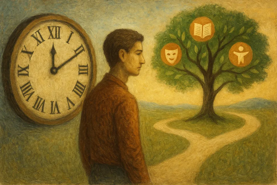 Ilustración artística de una figura humana que transita entre un reloj gigante y un árbol de ramas que representan el ocio, la contemplación y el propósito vital