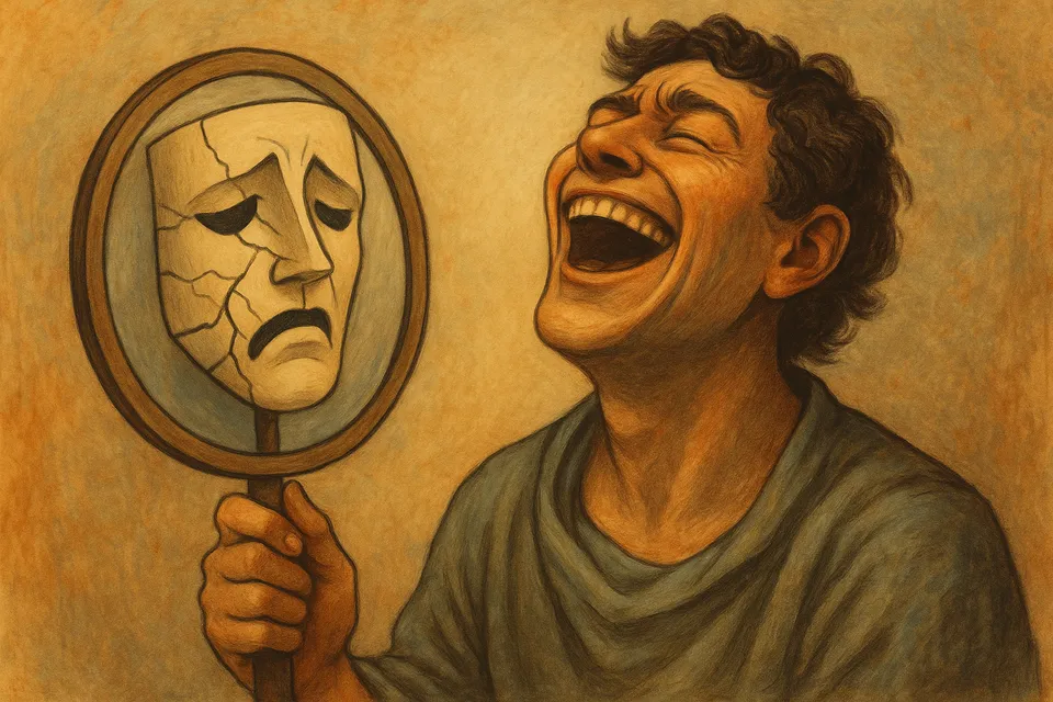 Ilustración de una figura humana riendo mientras sostiene un espejo que refleja una máscara de solemnidad rota