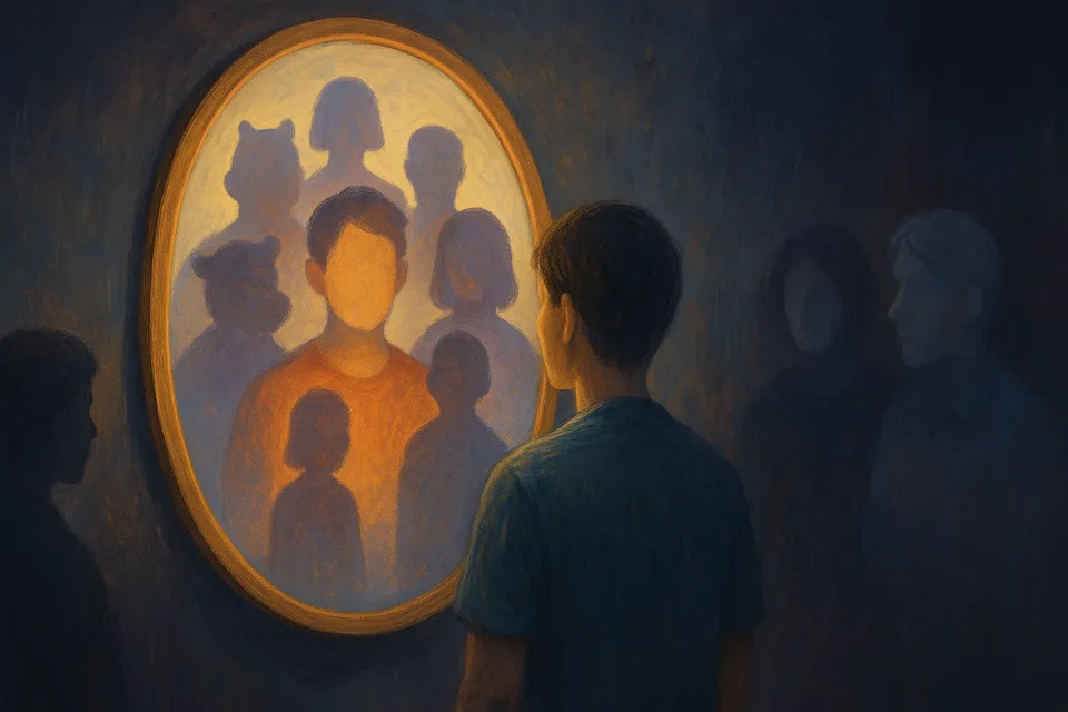 Ilustración artística de una figura humana frente a un espejo que refleja múltiples identidades superpuestas, mientras otras figuras observan en silencio con expresión de incertidumbre