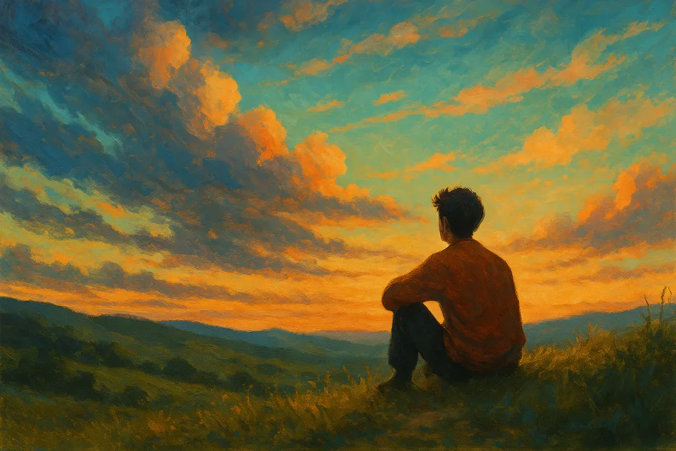 Ilustración conceptual de una figura humana contemplando el cielo desde un espacio natural sereno, sin ningún dispositivo electrónico