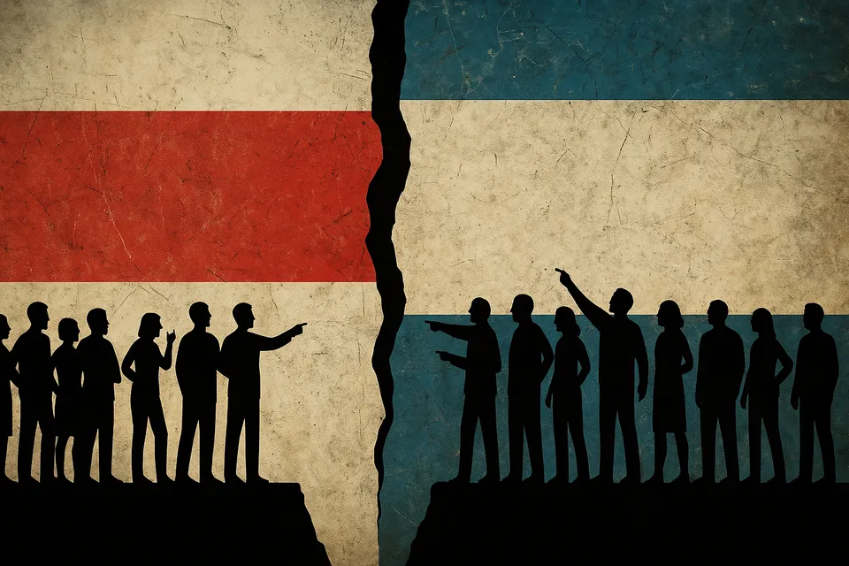 Ilustración conceptual de una multitud dividida por una grieta que atraviesa una bandera