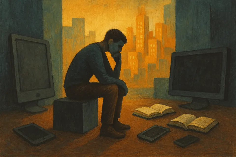 Figura humana sentada en la sombra de una ciudad luminosa, rodeada de pantallas apagadas y libros abiertos, en un entorno silencioso que sugiere introspección