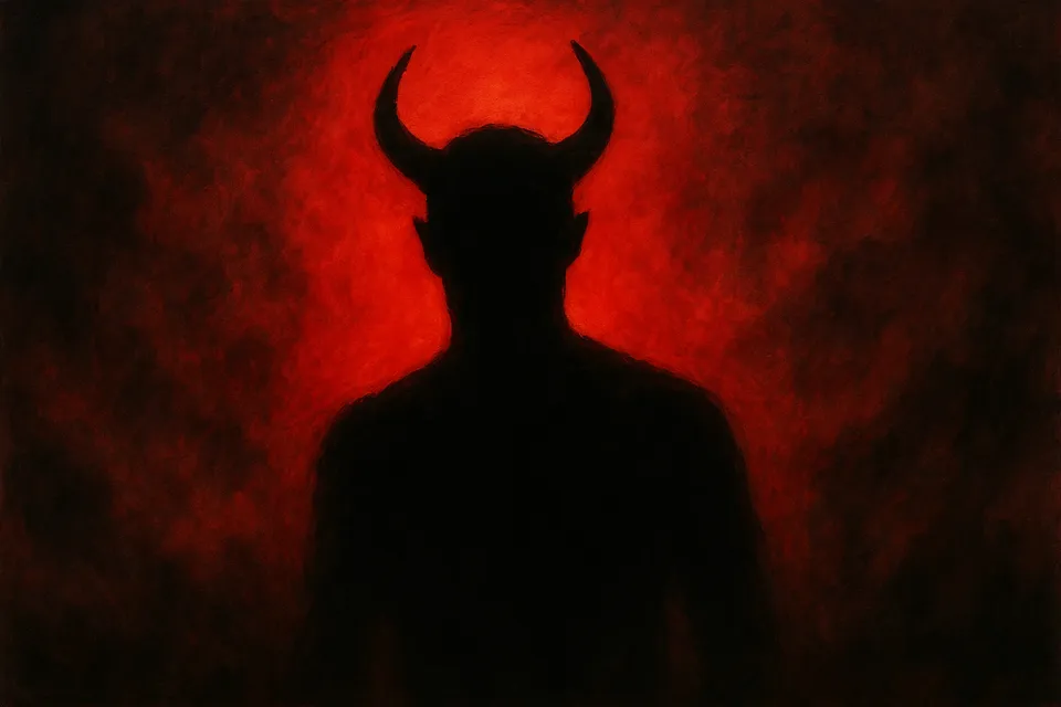Silueta de una figura con cuernos bajo una luz roja y un fondo nebuloso