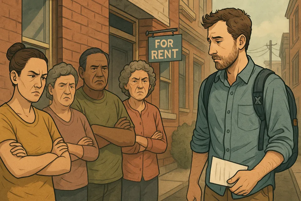 Ilustración simbólica de una ciudad dividida, donde un lado está lleno de colores vivos y personas diversas, y el otro muestra sombras acusadoras apuntando con el dedo