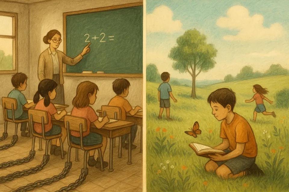 Una sala de clases dividida en dos: de un lado, niños en pupitres encadenados; del otro, niños explorando libremente en un entorno abierto