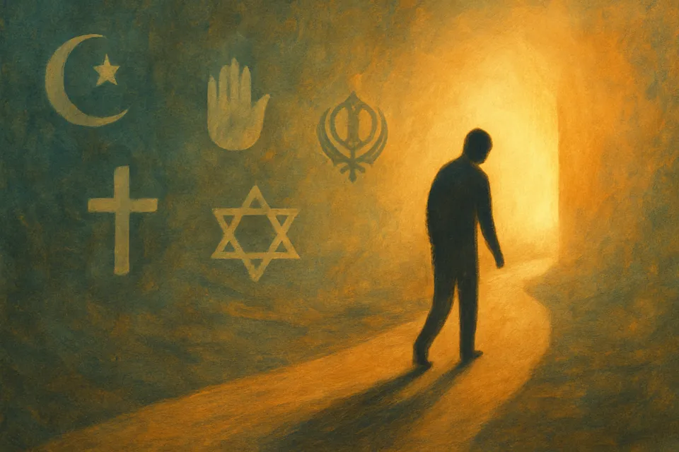Una figura humana caminando entre símbolos religiosos desvanecidos, siguiendo un sendero iluminado por una luz interior