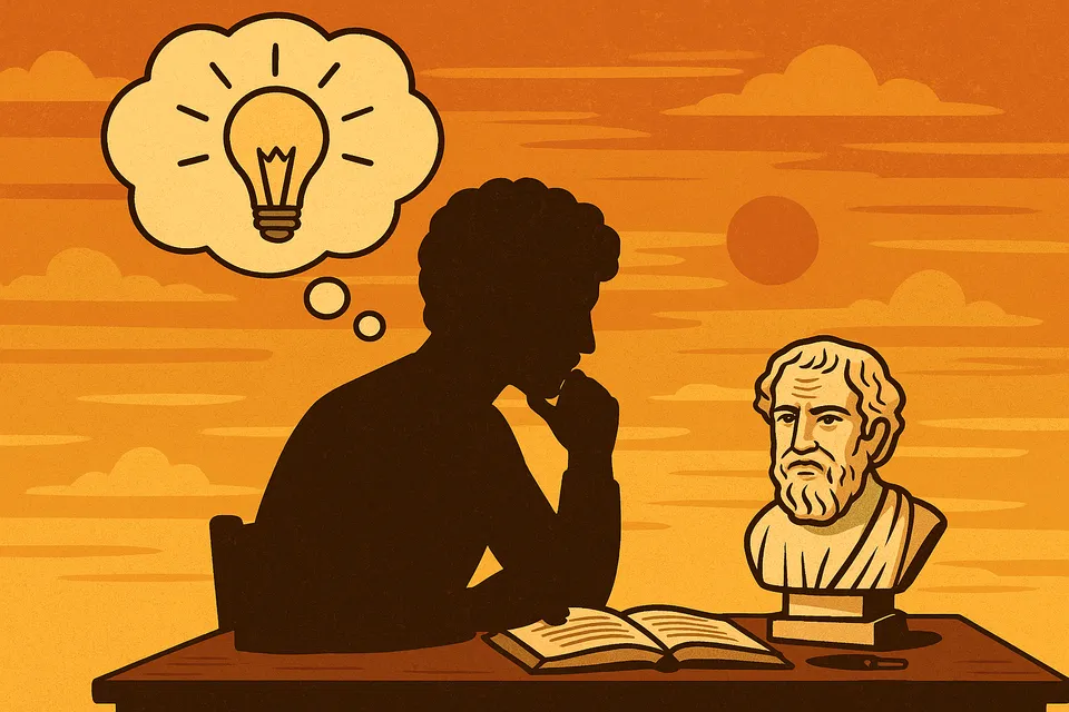 Ilustración de una persona inmersa en una reflexión filosófica profunda, rodeada de símbolos del pensamiento crítico, el bienestar interior y la comprensión del ser humano