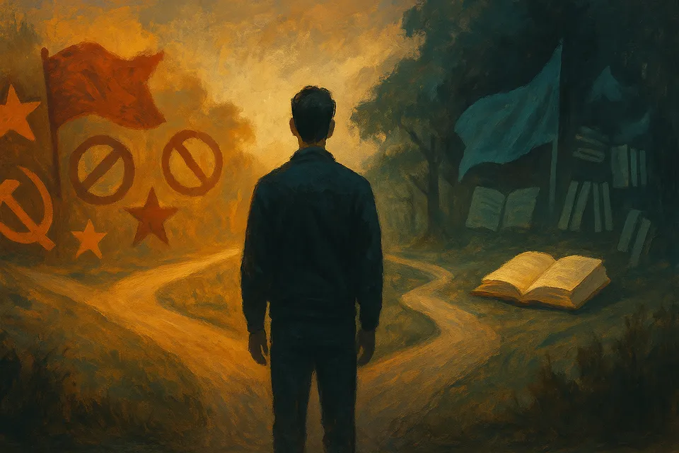 Ilustración artística de una figura humana frente a dos caminos divergentes, uno adornado con símbolos políticos y otro con libros abiertos, representando la elección entre fanatismo y pensamiento crítico