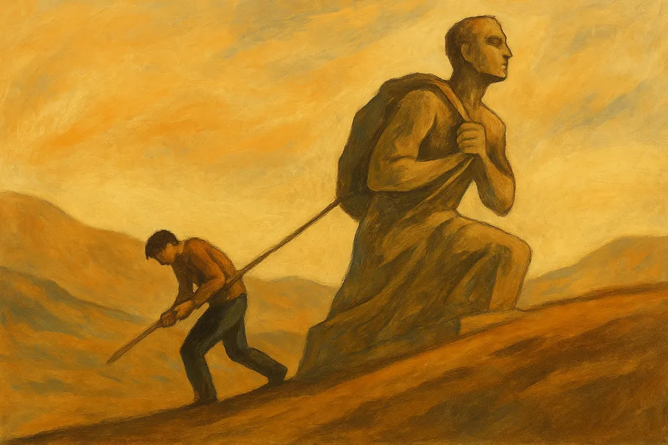 Una figura humana caminando cuesta arriba mientras arrastra una gran estatua inacabada de sí misma, en un paisaje árido y simbólico