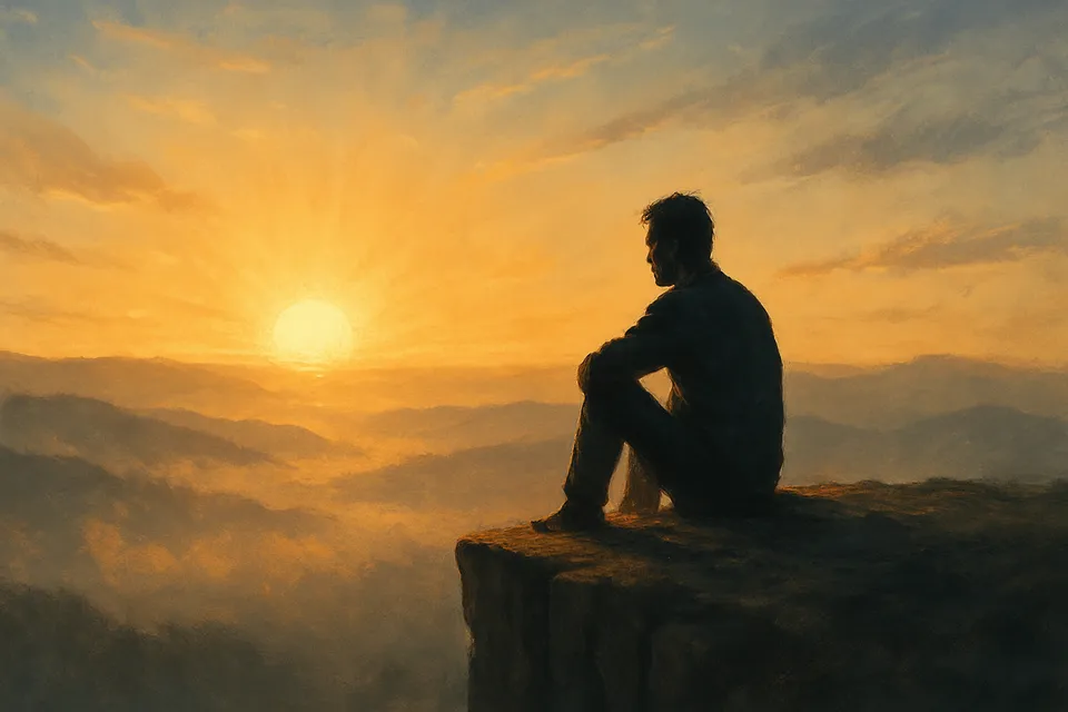 Ilustración artística de una figura humana sentada al borde de un acantilado al amanecer, contemplando con serenidad la luz que emerge del horizonte