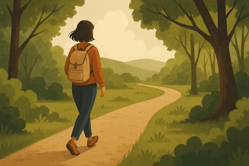 Ilustración digital de una persona caminando sola por un sendero entre árboles, simbolizando la libertad financiera y la toma de decisiones autónoma