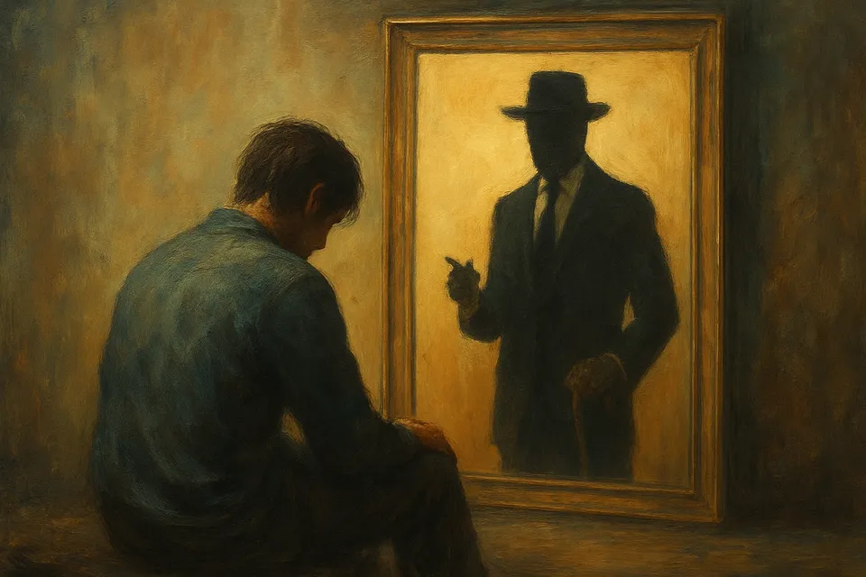 Ilustración artística de una persona sentada frente a un espejo que refleja la silueta de un millonario, simbolizando la comparación económica ilusoria