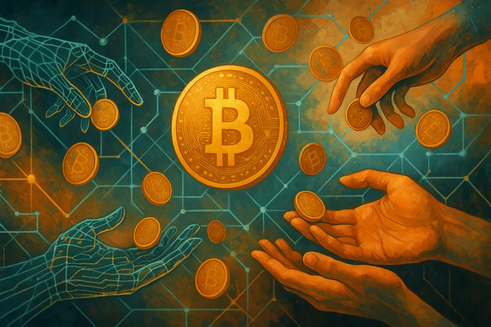 Ilustración conceptual que representa el flujo de dinero entre manos digitales conectadas por redes descentralizadas
