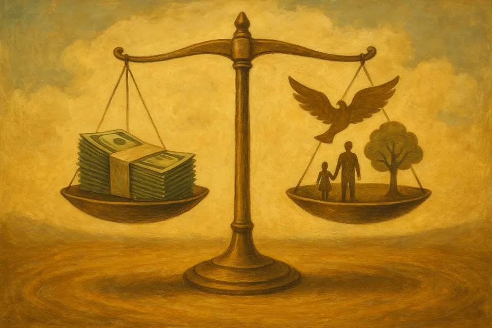 Ilustración artística de una balanza equilibrada entre dinero y símbolos de libertad y bienestar, representando una visión ética del dinero