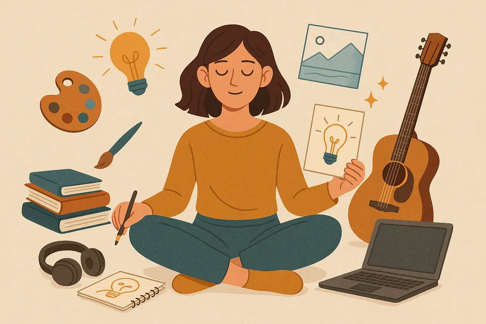 Ilustración conceptual de una persona sentada en calma, rodeada de elementos creativos como libros, una computadora portátil, instrumentos musicales y bocetos