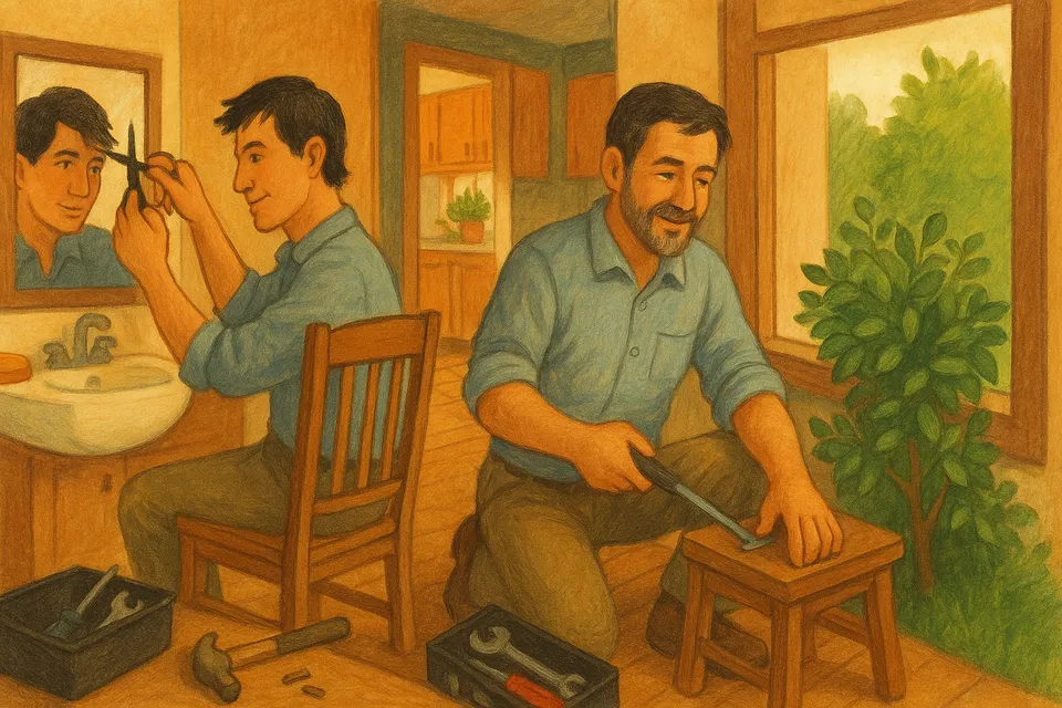 Ilustración simbólica de una persona realizando tareas cotidianas con satisfacción y autonomía en su propio hogar