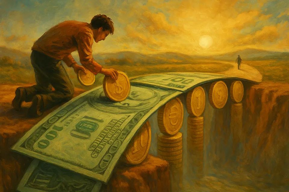 Ilustración artística de una persona construyendo un puente con monedas y billetes, simbolizando la planificación financiera hacia la libertad personal