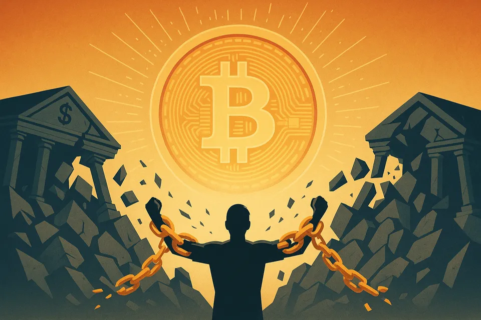 Una figura humana rompiendo cadenas doradas frente a un símbolo de Bitcoin luminoso, rodeada de edificios de bancos colapsando simbólicamente