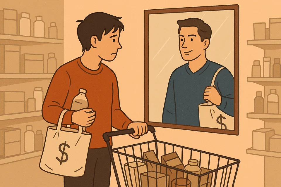 Ilustración simbólica de una persona comprando un producto barato mientras se refleja en un espejo con una versión idealizada de sí misma