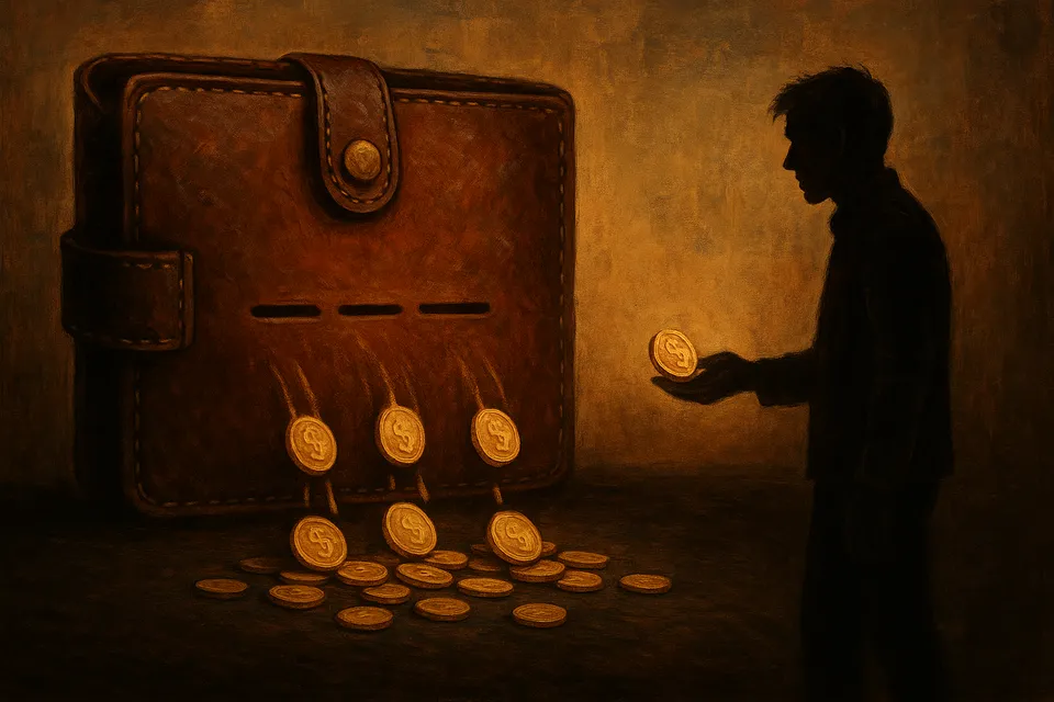 Ilustración artística de una billetera goteando monedas a través de ranuras ocultas, mientras una figura humana la observa con expresión de sospecha y determinación