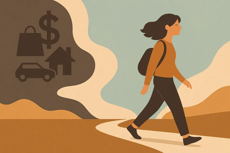 Ilustración conceptual de una persona caminando ligera, dejando atrás símbolos de consumo excesivo en un camino claro y sereno