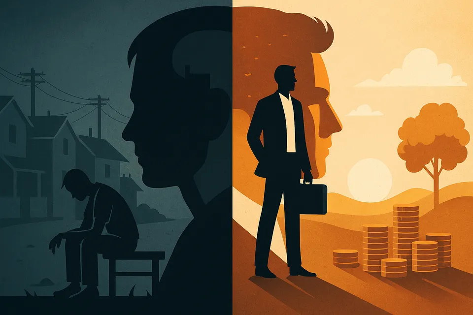 Ilustración artística que muestra una figura humana en contraste entre dos mundos: uno de pobreza conformista y otro de libertad financiera