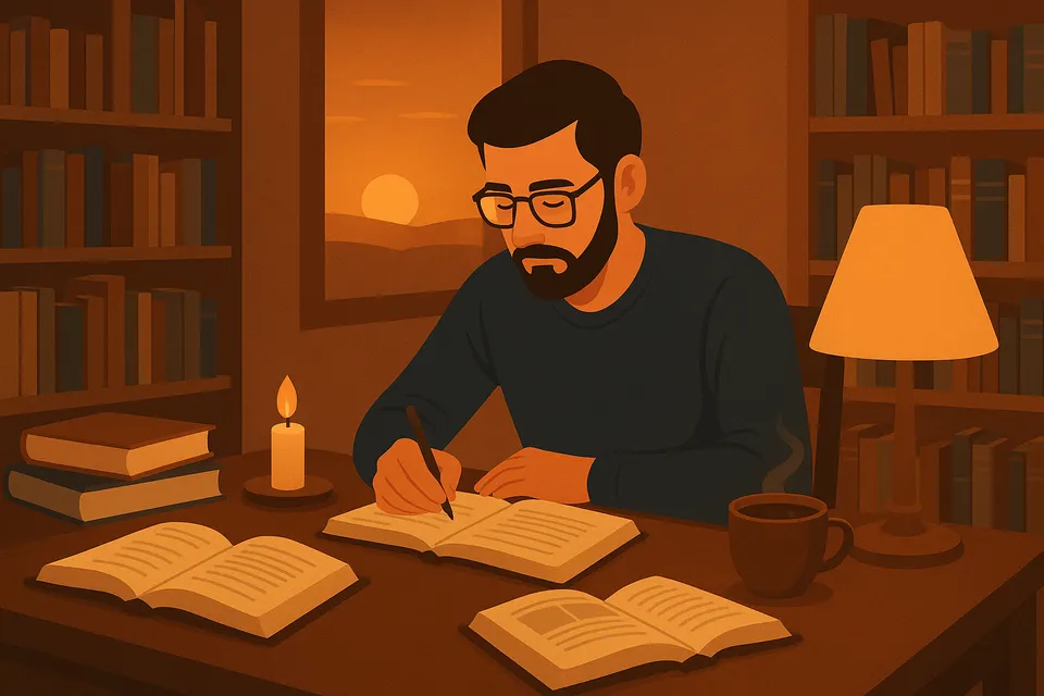 Ilustración de una figura humana contemplativa, envuelta en luz tenue, simbolizando el origen del pensamiento introspectivo, la escritura reflexiva y el deseo de comprender la vida