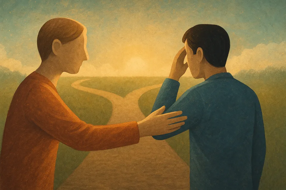 Ilustración artística de una figura que extiende la mano con suavidad hacia otra que duda en un cruce de caminos, simbolizando el acto de aconsejar con respeto