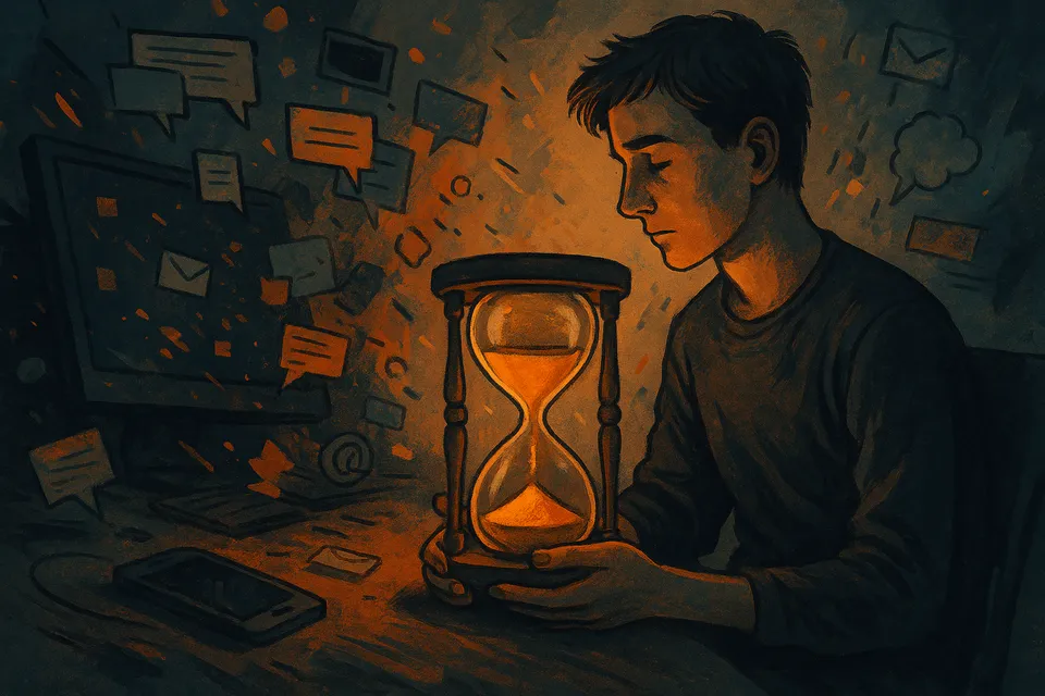 Ilustración conceptual de una figura humana sentada en calma, observando un reloj de arena en medio de un entorno digital caótico