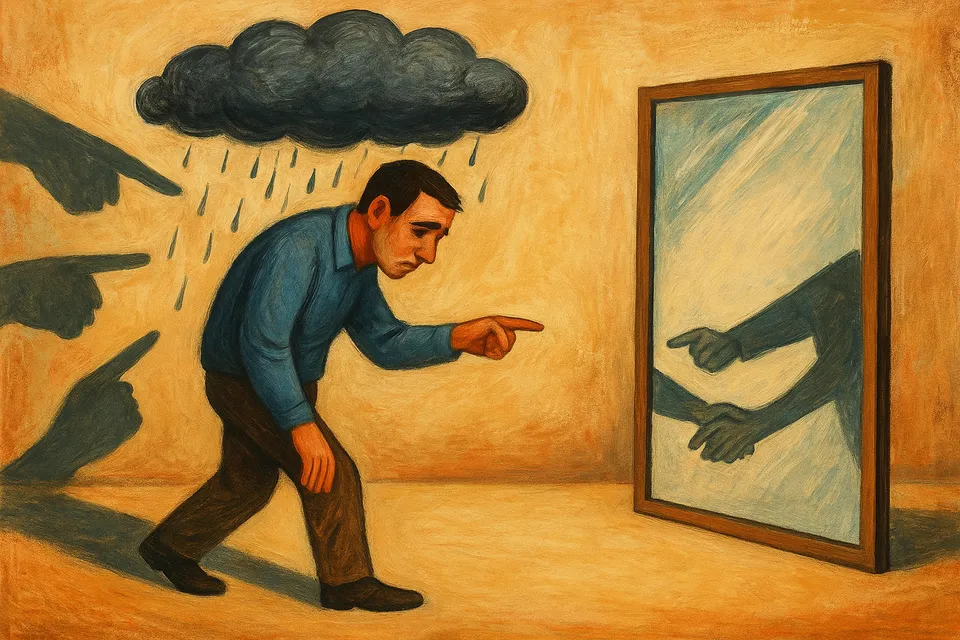 Figura humana encorvada bajo una nube negra, lanzando sombras que apuntan hacia otros mientras un espejo refleja sus propias manos extendidas