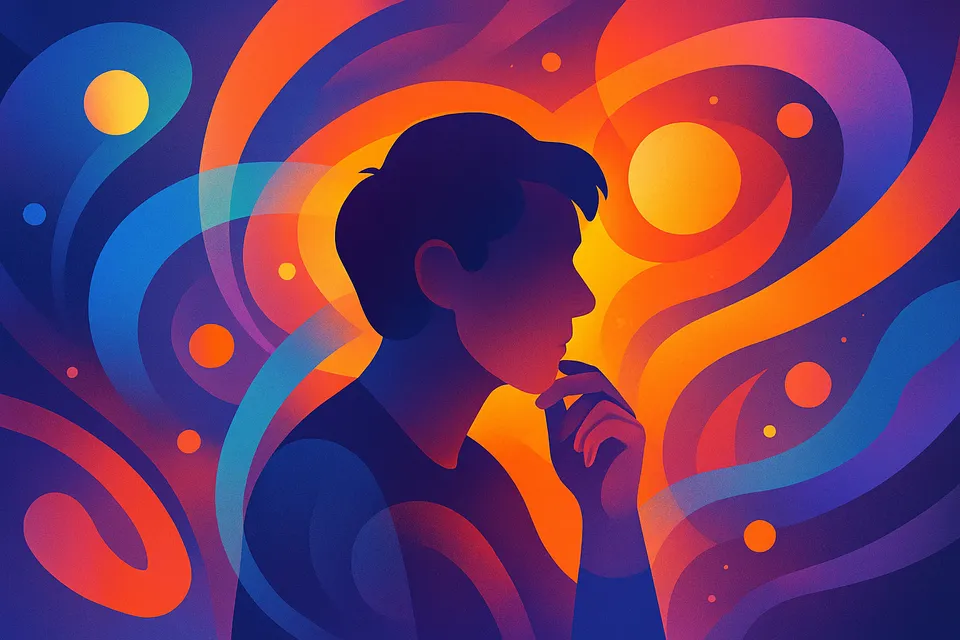 Ilustración digital de una figura humana en un entorno lleno de luces, colores y formas envolventes, que representan la influencia sensorial sobre la mente