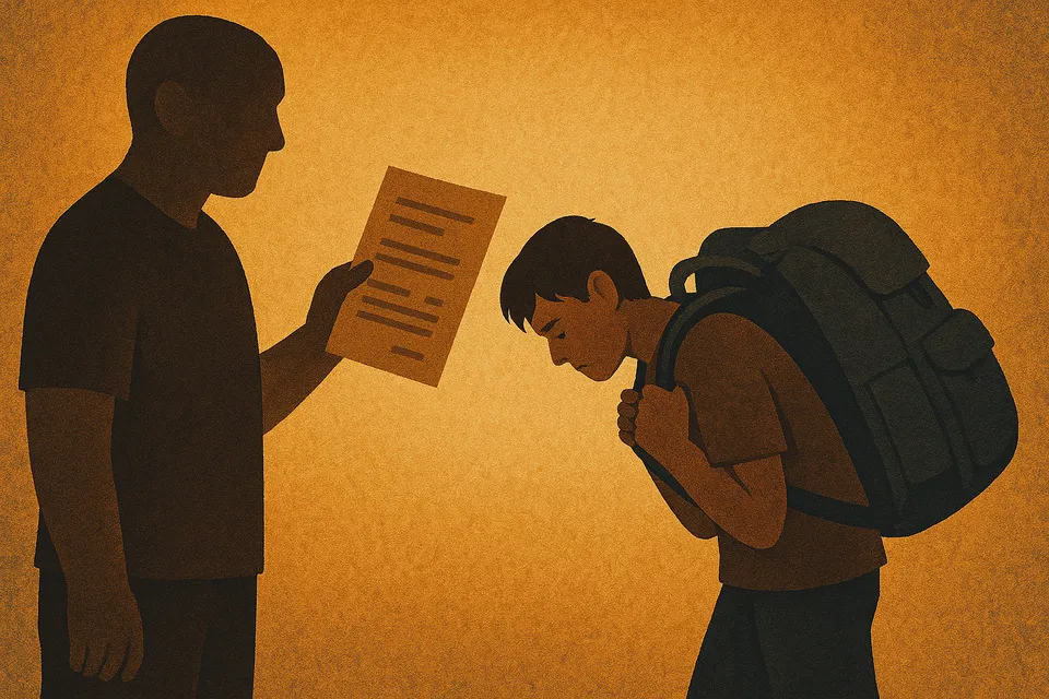 Ilustración simbólica de una figura parental con una factura en la mano frente a un hijo que carga una mochila pesada