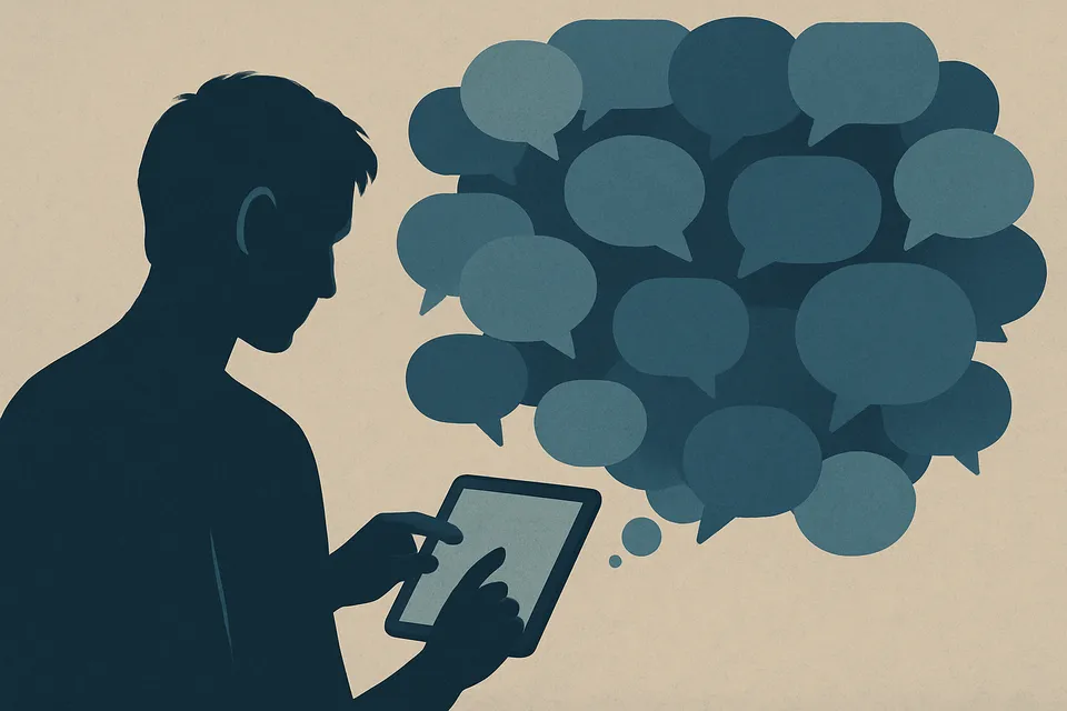 Ilustración conceptual de una figura humana frente a un dispositivo digital mientras una nube de palabras se expande
