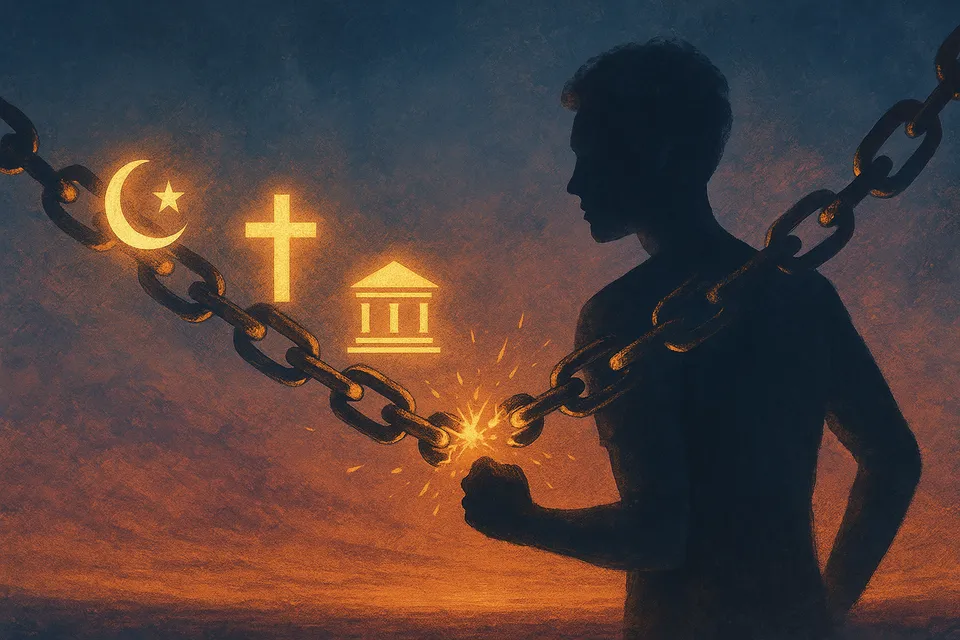 Ilustración simbólica de una figura liberándose de cadenas invisibles que emanan de libros y palabras impuestas