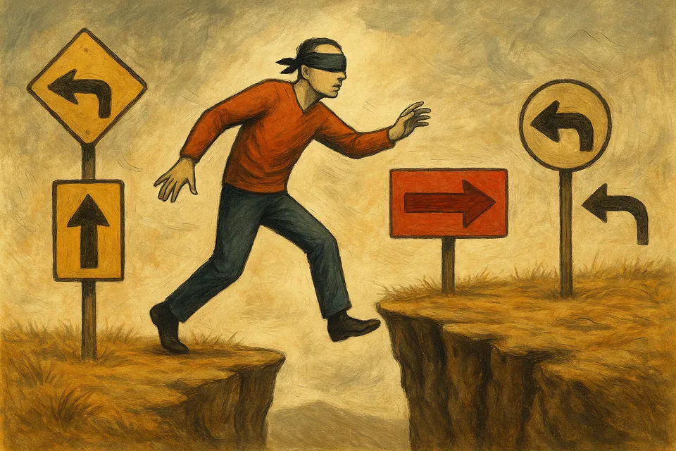 Ilustración conceptual de una figura humana avanzando a ciegas hacia un precipicio rodeado de señales contradictorias