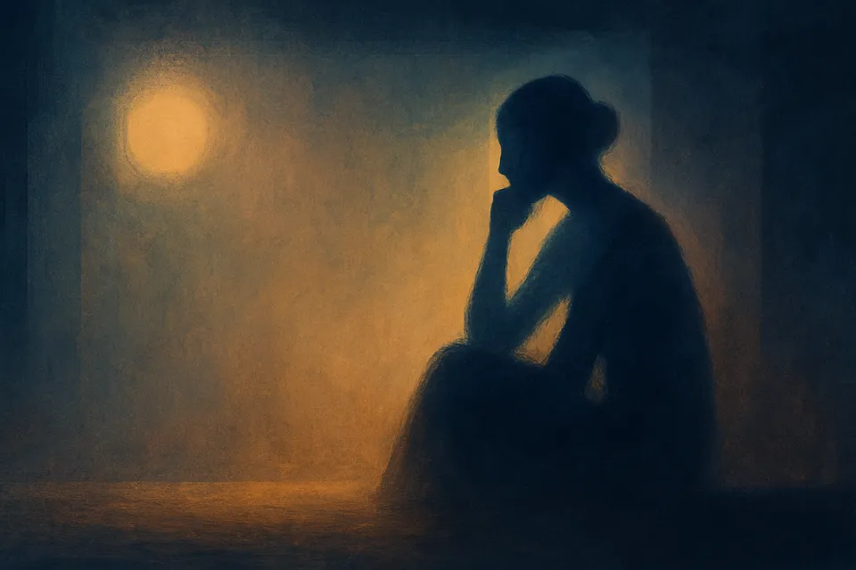 Ilustración de una figura contemplativa en un entorno sereno, rodeada de vacío simbólico y luz tenue, representando el poder introspectivo del silencio