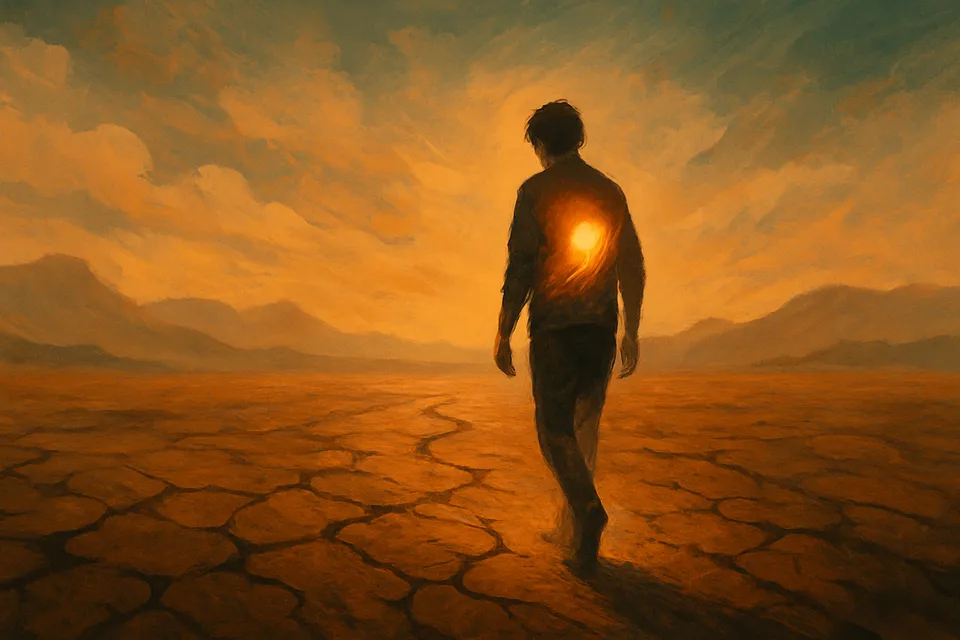Ilustración de una figura caminando en un terreno árido, siguiendo una luz interior a través del malestar
